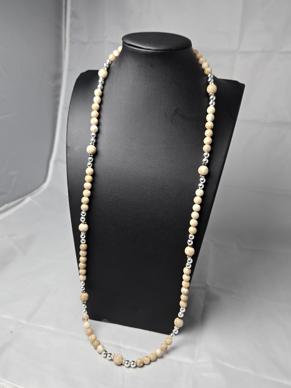 1928 Tan Stone and Silver-Tone Beaded Long Necklace, 30 Inch